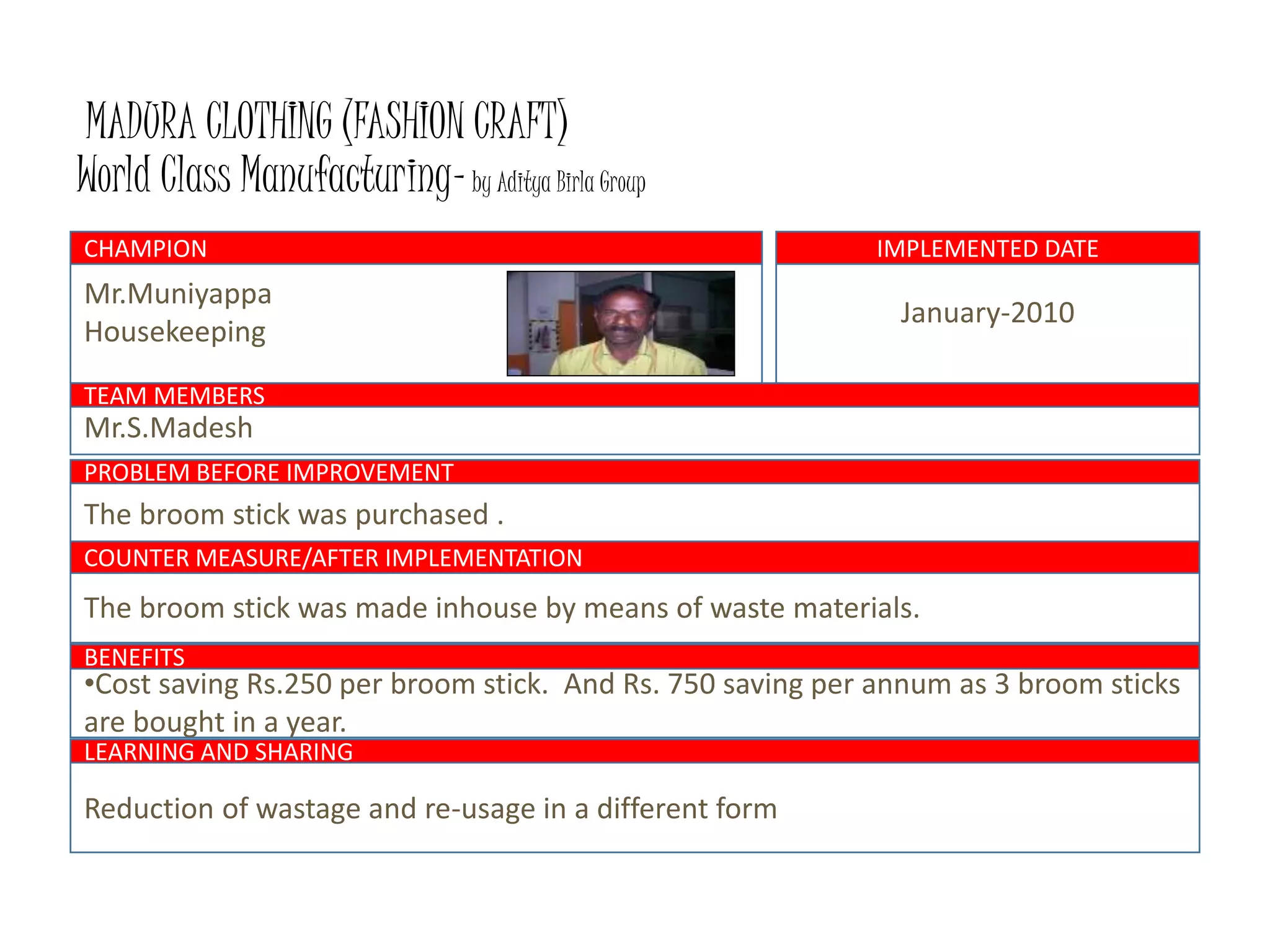 MADURA CLOTHING (FASHION CRAFT)
World Class Manufacturing-by Aditya Birla Group
Mr.Muniyappa
Housekeeping
CHAMPION
January-2010
IMPLEMENTED DATE
Mr.S.Madesh
TEAM MEMBERS
The broom stick was purchased .
PROBLEM BEFORE IMPROVEMENT
The broom stick was made inhouse by means of waste materials.
Reduction of wastage and re-usage in a different form
LEARNING AND SHARING
•Cost saving Rs.250 per broom stick. And Rs. 750 saving per annum as 3 broom sticks
are bought in a year.
COUNTER MEASURE/AFTER IMPLEMENTATION
BENEFITS
 