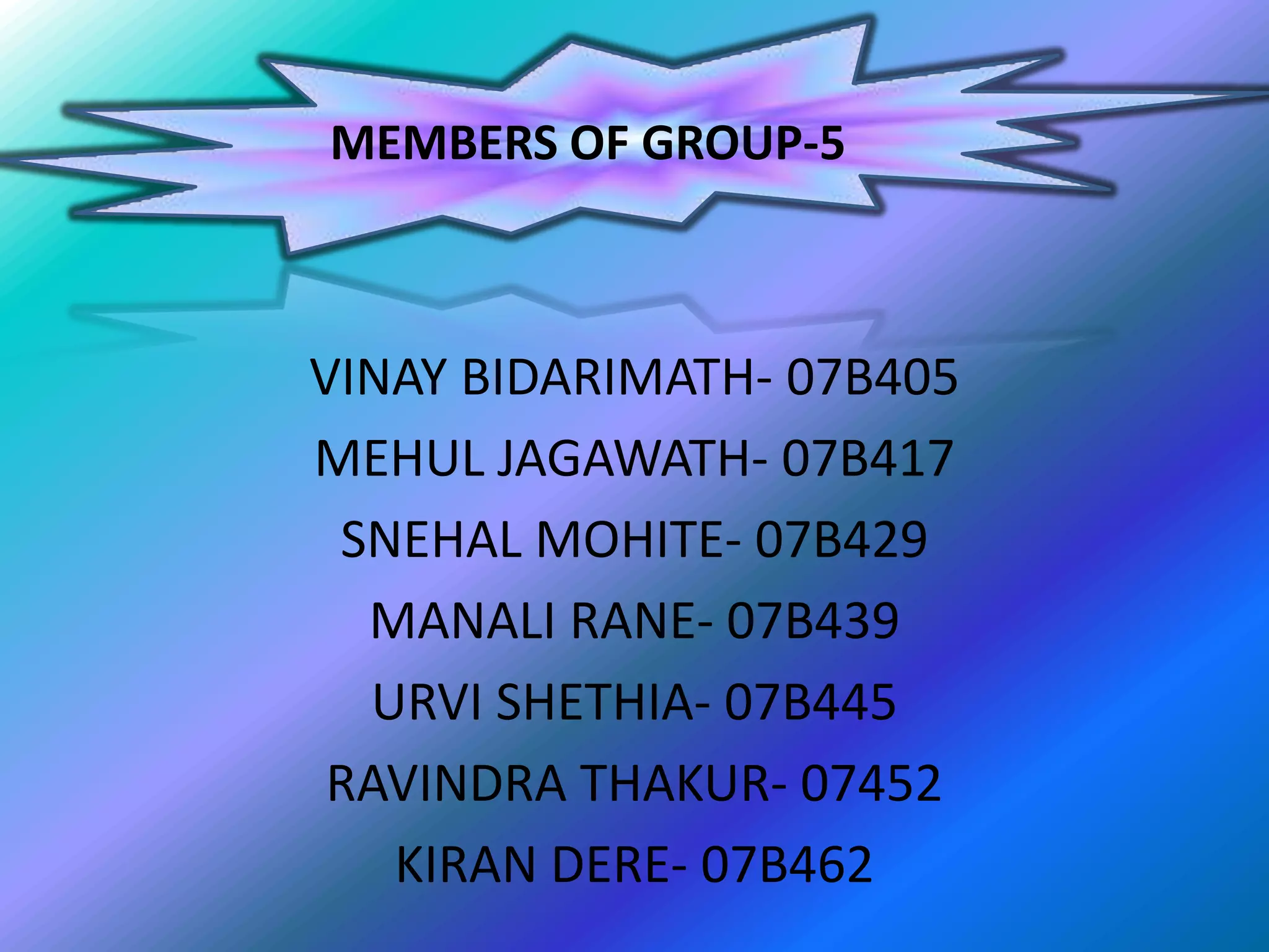 MEMBERS OF GROUP-5



VINAY BIDARIMATH- 07B405
MEHUL JAGAWATH- 07B417
 SNEHAL MOHITE- 07B429
  MANALI RANE- 07B439
  URVI SHETHIA- 07B445
 RAVINDRA THAKUR- 07452
   KIRAN DERE- 07B462
 