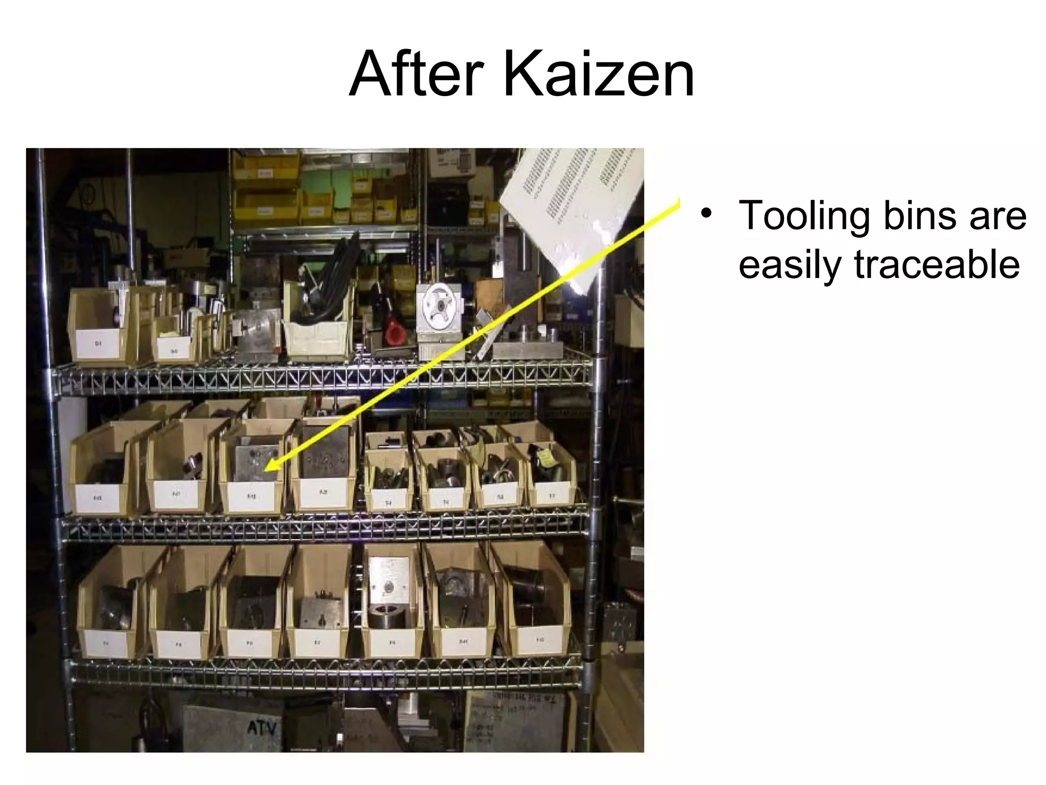 After Kaizen
• Tooling bins are
easily traceable
 