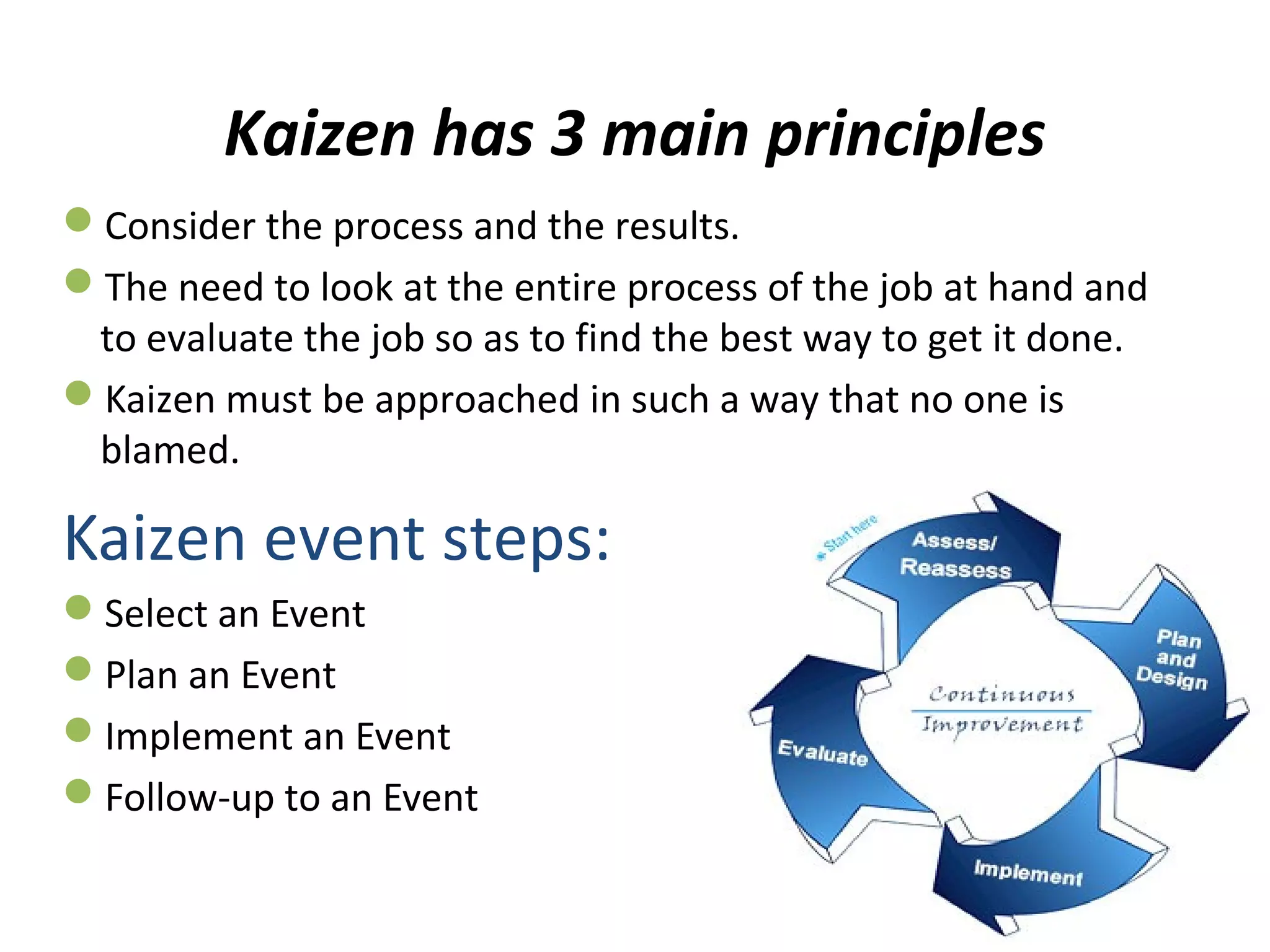 Kaizen has 3 main principles
Consider the process and the results.
The need to look at the entire process of the job at hand and
to evaluate the job so as to find the best way to get it done.
Kaizen must be approached in such a way that no one is
blamed.
Kaizen event steps:
Select an Event
Plan an Event
Implement an Event
Follow-up to an Event
 