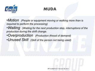 •Motion (People or equipment moving or walking more than is
required to perform the processing)
•Waiting (Waiting for the next production step, interruptions of the
production during the shift change.
•Overproduction (Production Ahead of demand)
•Unused Skill (Skill of the person not being used)
PPT.KUNZITE.01 Version 00.2021
 