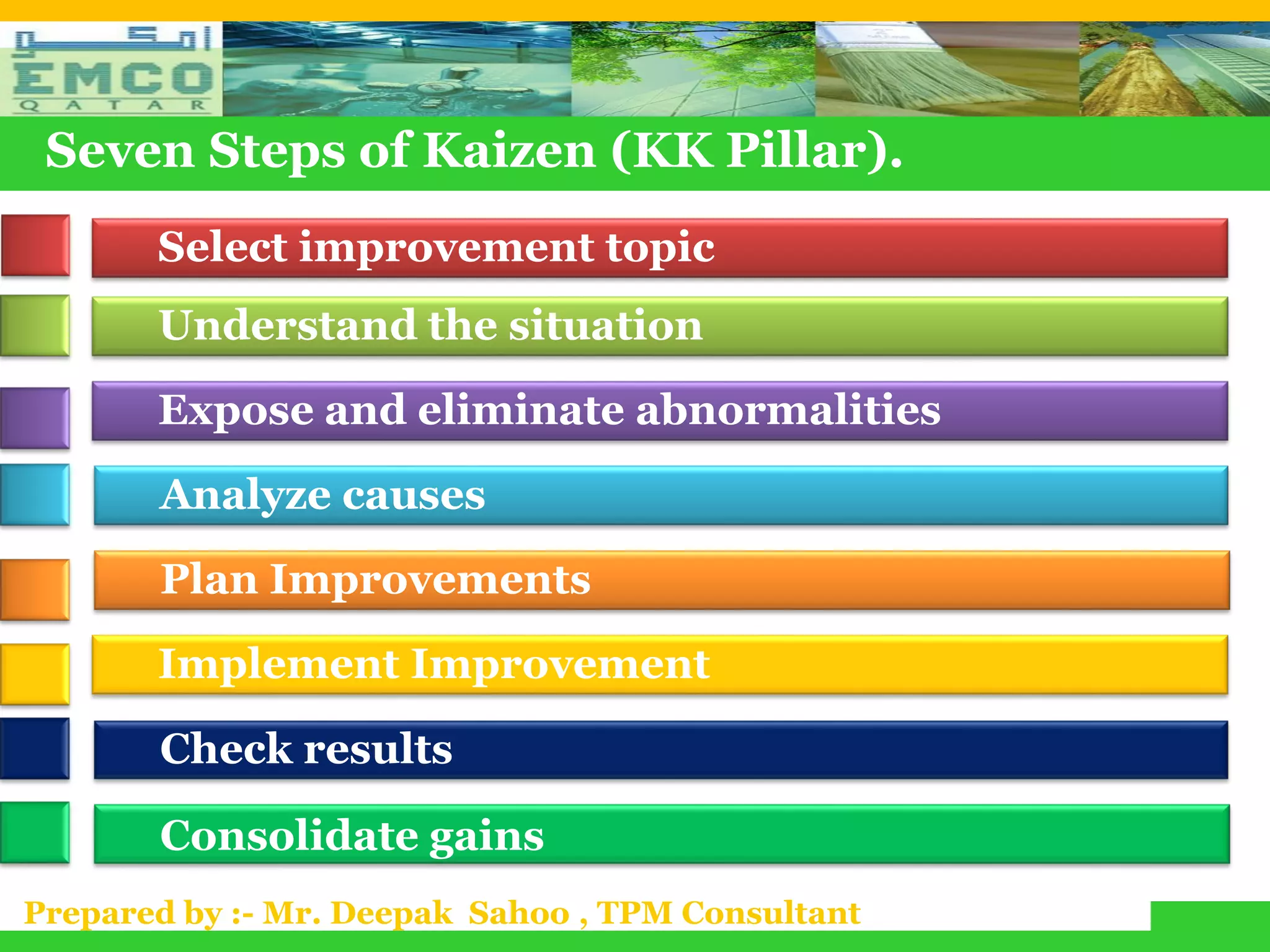 Seven Steps of Kaizen (KK Pillar).
       Select improvement topic
       Understand the situation

       Expose and eliminate abnormalities
       Analyze causes

       Plan Improvements

       Implement Improvement

       Check results

       Consolidate gains
Prepared by :- Mr. Deepak Sahoo , TPM Consultant
 