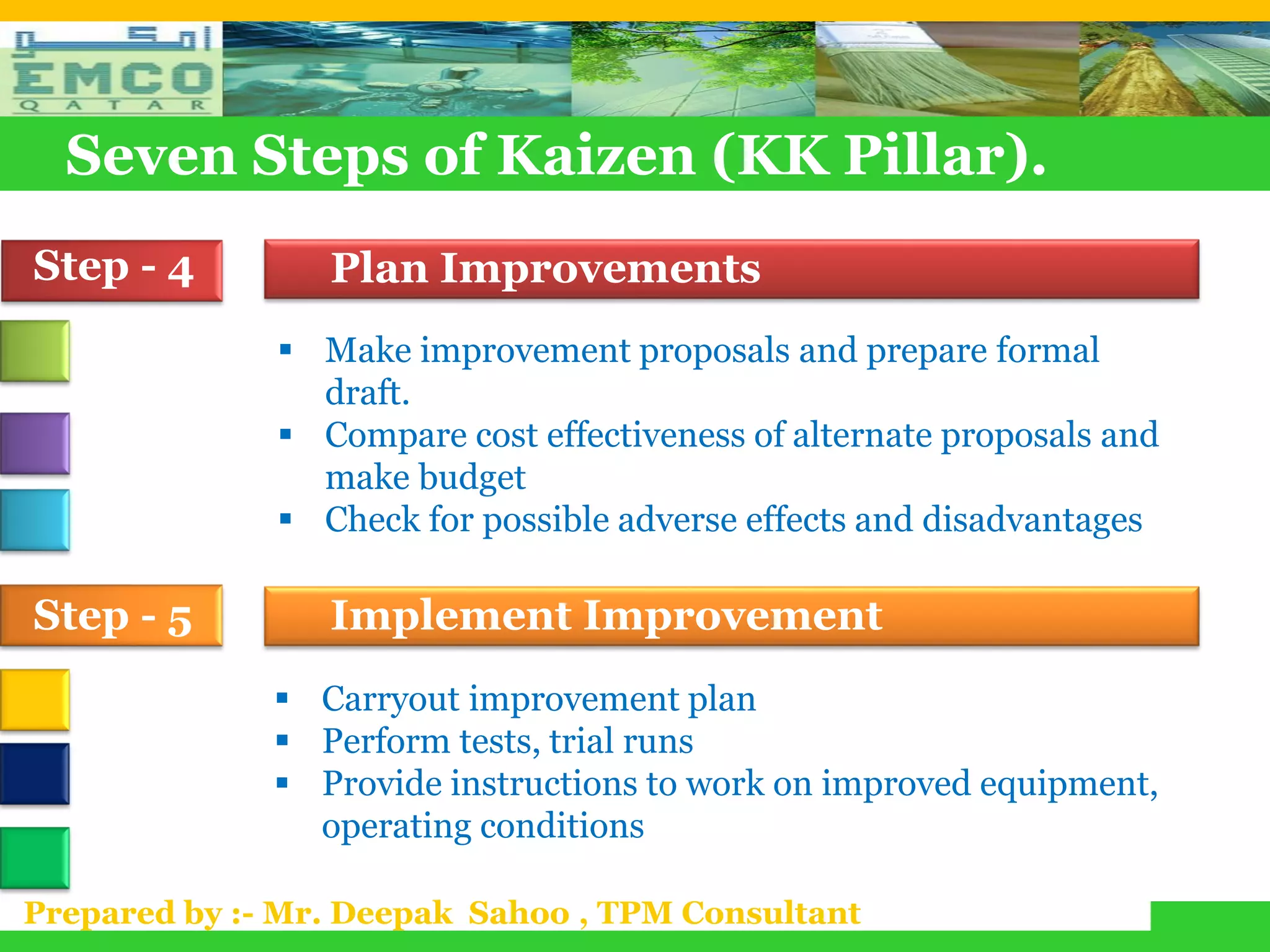 Seven Steps of Kaizen (KK Pillar).
Step - 4         Plan Improvements
               Make improvement proposals and prepare formal
                draft.
               Compare cost effectiveness of alternate proposals and
                make budget
               Check for possible adverse effects and disadvantages

Step - 5         Implement Improvement
               Carryout improvement plan
               Perform tests, trial runs
               Provide instructions to work on improved equipment,
                operating conditions

Prepared by :- Mr. Deepak Sahoo , TPM Consultant
 