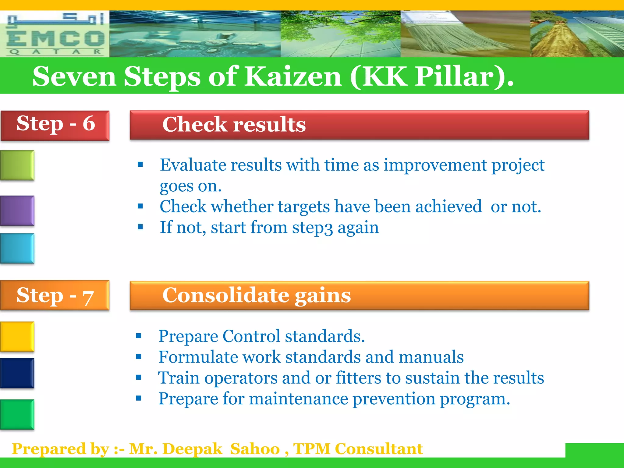 Seven Steps of Kaizen (KK Pillar).
Step - 6          Check results
               Evaluate results with time as improvement project
                goes on.
               Check whether targets have been achieved or not.
               If not, start from step3 again


Step - 7          Consolidate gains
                 Prepare Control standards.
                 Formulate work standards and manuals
                 Train operators and or fitters to sustain the results
                 Prepare for maintenance prevention program.

Prepared by :- Mr. Deepak Sahoo , TPM Consultant
 