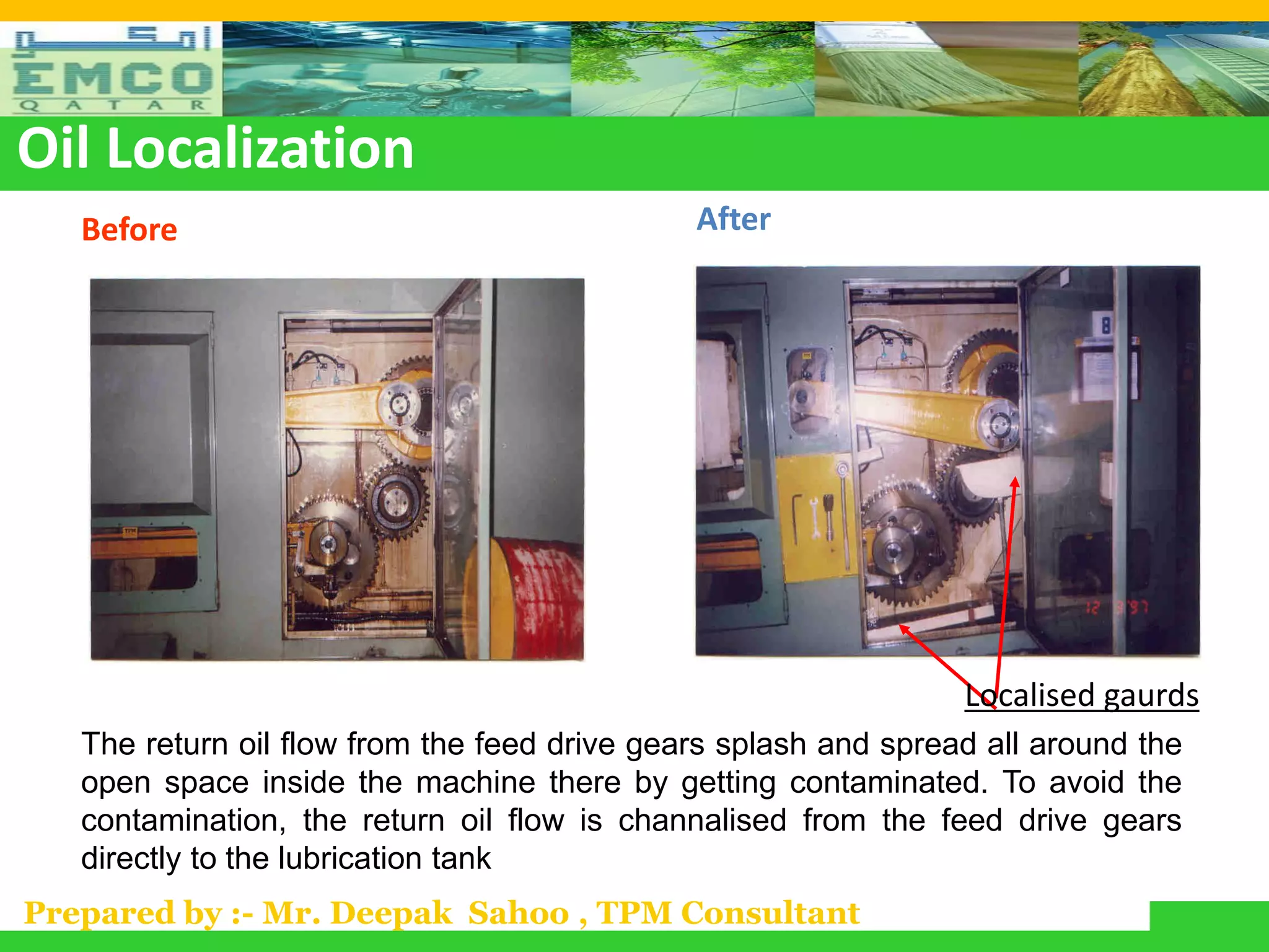 Oil Localization
   Before                                     After




                                                                 Localised gaurds
   The return oil flow from the feed drive gears splash and spread all around the
   open space inside the machine there by getting contaminated. To avoid the
   contamination, the return oil flow is channalised from the feed drive gears
   directly to the lubrication tank
Prepared by :- Mr. Deepak Sahoo , TPM Consultant
 