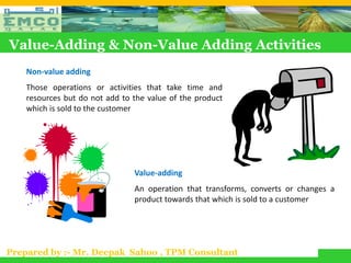 Value-Adding & Non-Value Adding Activities
    Non-value adding
    Those operations or activities that take time and
    resources but do not add to the value of the product
    which is sold to the customer




                                Value-adding
                                An operation that transforms, converts or changes a
                                product towards that which is sold to a customer




Prepared by :- Mr. Deepak Sahoo , TPM Consultant
 