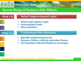 Seven Steps of Kaizen (KK Pillar).
Step - 0         Select improvement topic
               Select and register topic
               Form project team
               Plan activities

Step - 1         Understand the situation
               Identify bottleneck process
               Measure failure, defects and other losses
               Use baselines (Bench Mark) to set targets




Prepared by :- Mr. Deepak Sahoo , TPM Consultant
 
