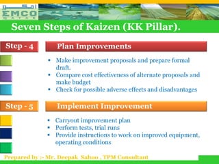 Seven Steps of Kaizen (KK Pillar).
Step - 4         Plan Improvements
               Make improvement proposals and prepare formal
                draft.
               Compare cost effectiveness of alternate proposals and
                make budget
               Check for possible adverse effects and disadvantages

Step - 5         Implement Improvement
               Carryout improvement plan
               Perform tests, trial runs
               Provide instructions to work on improved equipment,
                operating conditions

Prepared by :- Mr. Deepak Sahoo , TPM Consultant
 