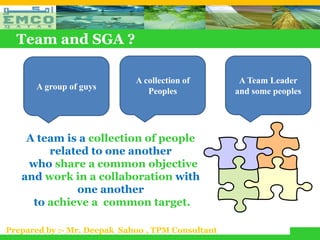 Team and SGA ?

                             A collection of        A Team Leader
      A group of guys
                                Peoples            and some peoples




    A team is a collection of people
        related to one another
    who share a common objective
   and work in a collaboration with
             one another
     to achieve a common target.

Prepared by :- Mr. Deepak Sahoo , TPM Consultant
 