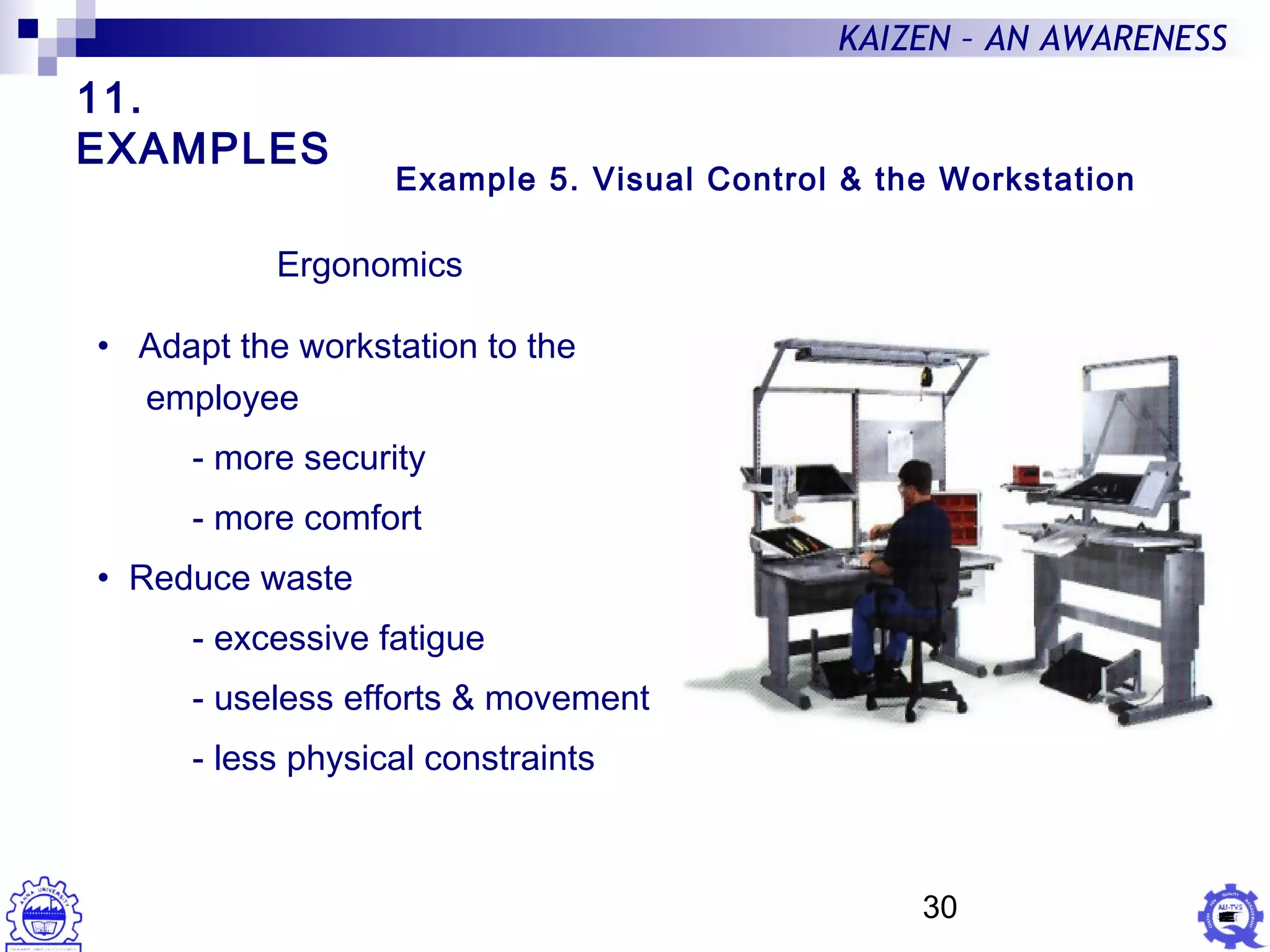 30
KAIZEN – AN AWARENESS
Example 5. Visual Control & the Workstation
Ergonomics
• Adapt the workstation to the
employee
- more security
- more comfort
• Reduce waste
- excessive fatigue
- useless efforts & movement
- less physical constraints
11.
EXAMPLES
 