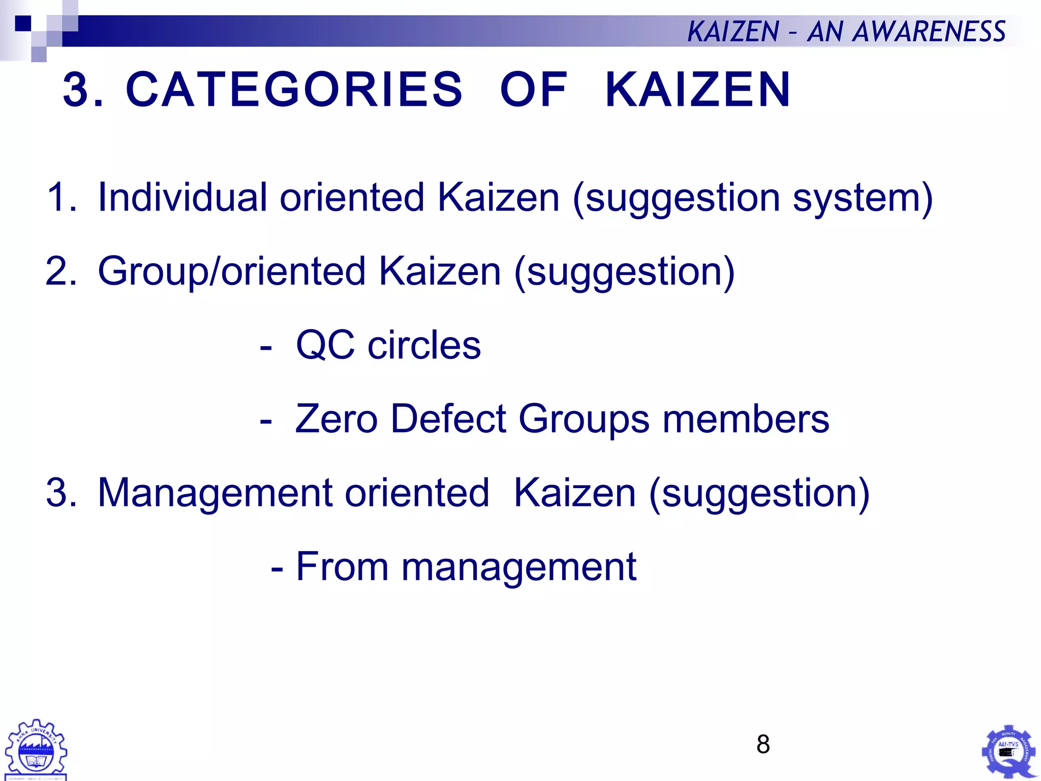 8
KAIZEN – AN AWARENESS
3. CATEGORIES OF KAIZEN
1. Individual oriented Kaizen (suggestion system)
2. Group/oriented Kaizen (suggestion)
- QC circles
- Zero Defect Groups members
3. Management oriented Kaizen (suggestion)
- From management
 