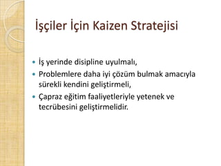 İşçiler İçin Kaizen Stratejisiİş yerinde disipline uyulmalı,Problemlere daha iyi çözüm bulmak amacıyla sürekli kendini geliştirmeli,Çapraz eğitim faaliyetleriyle yetenek ve tecrübesini geliştirmelidir.