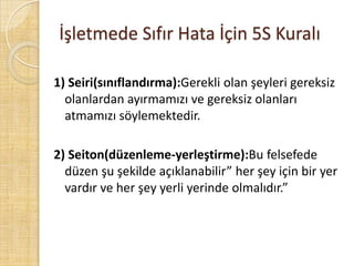 İşletmede Sıfır Hata İçin 5S Kuralı1) Seiri(sınıflandırma):Gerekli olan şeyleri gereksiz olanlardan ayırmamızı ve gereksiz olanları atmamızı söylemektedir.2) Seiton(düzenleme-yerleştirme):Bu felsefede düzen şu şekilde açıklanabilir” her şey için bir yer vardır ve her şey yerli yerinde olmalıdır.”