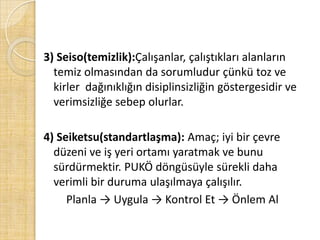 3) Seiso(temizlik):Çalışanlar, çalıştıkları alanların temiz olmasından da sorumludur çünkü toz ve kirler  dağınıklığın disiplinsizliğin göstergesidir ve verimsizliğe sebep olurlar.4) Seiketsu(standartlaşma): Amaç; iyi bir çevre düzeni ve iş yeri ortamı yaratmak ve bunu sürdürmektir. PUKÖ döngüsüyle sürekli daha verimli bir duruma ulaşılmaya çalışılır.          Planla -> Uygula -> Kontrol Et -> Önlem Al