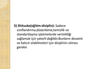 5) Shitsuke(eğitim-disiplin): Sadece sınıflandırma,düzenleme,temizlik ve standartlaşma işletmelerde verimliliği sağlamak için yeterli değildir.Bunların devamlı ve kalıcılı olabilmeleri için disiplinin olması gerekir.