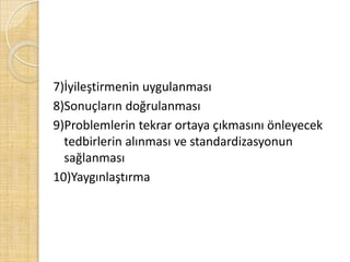 7)İyileştirmenin uygulanması8)Sonuçların doğrulanması9)Problemlerin tekrar ortaya çıkmasını önleyecek tedbirlerin alınması ve standardizasyonun sağlanması10)Yaygınlaştırma