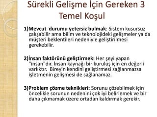 Sürekli Gelişme İçin Gereken 3 			Temel Koşul1)Mevcut  durumu yetersiz bulmak: Sistem kusursuz çalışabilir ama bilim ve teknolojideki gelişmeler ya da müşteri beklentileri nedeniyle geliştirilmesi gerekebilir.2)İnsan faktörünü geliştirmek:Her şeyi yapan "insan"dır. İnsan kaynağı bir kuruluş için en değerli varlıktır. Bireyin kendini geliştirmesi sağlanmazsa işletmenin gelişmesi de sağlanamaz. 3)Problem çözme teknikleri: Sorunu çözebilmek için öncelikle sorunun nedenini çok iyi belirlemek ve bir daha çıkmamak üzere ortadan kaldırmak gerekir.