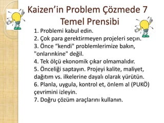 Kaizen’in Problem Çözmede 7 	 		Temel Prensibi  	1. Problemi kabul edin. 2. Çok para gerektirmeyen projeleri seçin. 3. Önce “kendi" problemlerimize bakın, "onlarınkine" değil.4. Tek ölçü ekonomik çıkar olmamalıdır. 5. Önceliği saptayın. Projeyi kalite, maliyet, dağıtım vs. ilkelerine dayalı olarak yürütün. 6. Planla, uygula, kontrol et, önlem al (PUKÖ) çevrimini izleyin. 7. Doğru çözüm araçlarını kullanın. 