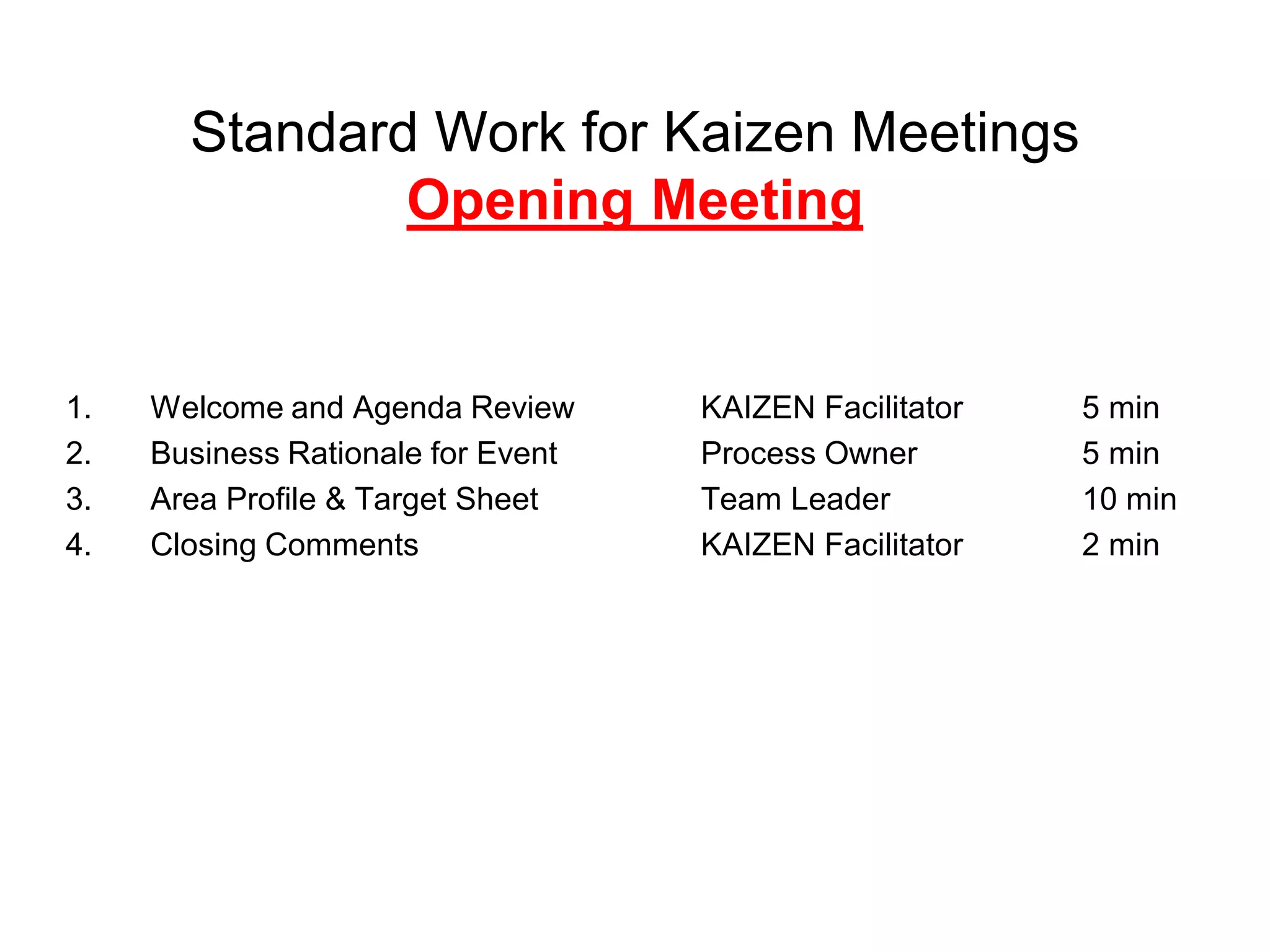 Standard Work for Kaizen Meetings
Opening Meeting
1. Welcome and Agenda Review KAIZEN Facilitator 5 min
2. Business Rationale for Event Process Owner 5 min
3. Area Profile & Target Sheet Team Leader 10 min
4. Closing Comments KAIZEN Facilitator 2 min
 