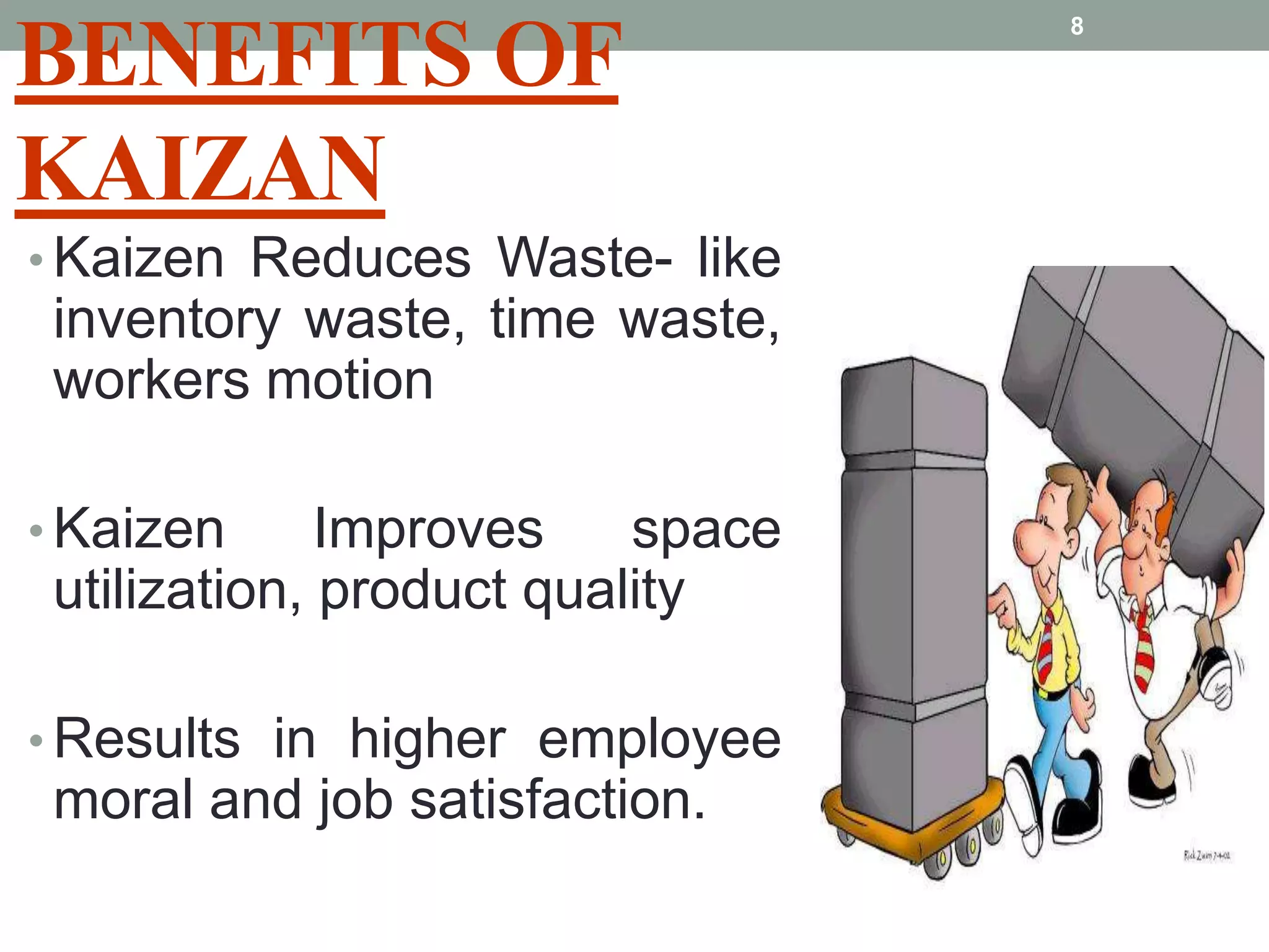 BENEFITS OF KAIZANKaizen Reduces Waste- like inventory waste, time waste, workers motion Kaizen Improves space utilization, product qualityResults in higher employee moral and job satisfaction.8