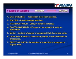 7 types of wastes               waste                  MUDA

1. Over production -- Production more than required.
2. WAITING – Process delays idle time.
3. TRANSPORTATION – Delay in material handling.
4. EXCESS INVENTORY – Excess of raw material & tools for
   production.
5. Motion – Actions of people or equipment that do not add value.
6. OVER PROCESSING – Unnecessary stops or work elements or
   procedures.
7. DEFECTIVE UNITS – Production of a part that is scrapped or
   require work.



KAIZEN TRAINING       TOKAI RIKA MINDA INDIA PVT LTD            14
 