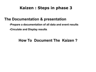 Kaizen : Steps in phase 3
The Documentation & presentation
-Prepare a documentation of all data and event results
-Circulate and Display results
How To Document The Kaizen ?
 