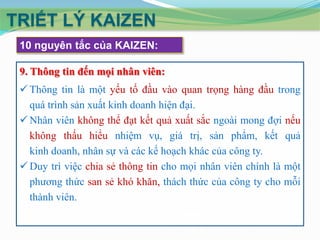 TRIẾT LÝ KAIZEN
10 nguyên tắc của KAIZEN:
9. Thông tin đến mọi nhân viên:
 Thông tin là một yếu tố đầu vào quan trọng hàng đầu trong
quá trình sản xuất kinh doanh hiện đại.
 Nhân viên không thể đạt kết quả xuất sắc ngoài mong đợi nếu
không thấu hiểu nhiệm vụ, giá trị, sản phẩm, kết quả
kinh doanh, nhân sự và các kế hoạch khác của công ty.
 Duy trì việc chia sẻ thông tin cho mọi nhân viên chính là một
phương thức san sẻ khó khăn, thách thức của công ty cho mỗi
thành viên.

 