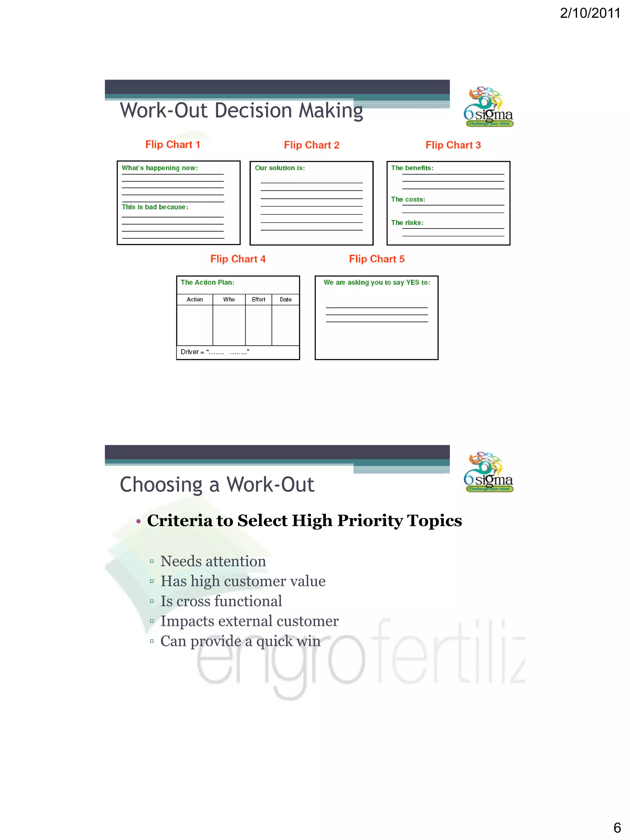 2/10/2011
6
Work-Out Decision Making
• Criteria to Select High Priority Topics
▫ Needs attention
▫ Has high customer value
▫ Is cross functional
▫ Impacts external customer
▫ Can provide a quick win
Choosing a Work-Out
 