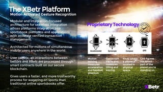 Gyroscope
tracks and
measures
tilting and
waving.
Motion
sensing
measures
acceleration
and handset
direction.
GPS figures
out which
part of the
planet you’re
standing on.
Finds where
a phone is
located in
physical
space.
The XBetr Platform
Modular and integration-focused
architecture for seamless integration
across platforms integration into
sportsbook platforms and applications
with accurate verified transaction
management.
Architected for millions of simultaneous
mobile users anywhere in the world.
User centric, all interactions between
bettors and XBetr are processed through
smart contracts built on our secure
blockchain.
Gives users a faster, and more trustworthy
process for wagering on sports than
traditional online sportsbooks offer.
ProprietaryTechnology
Motion Activated Gesture Recognition
 