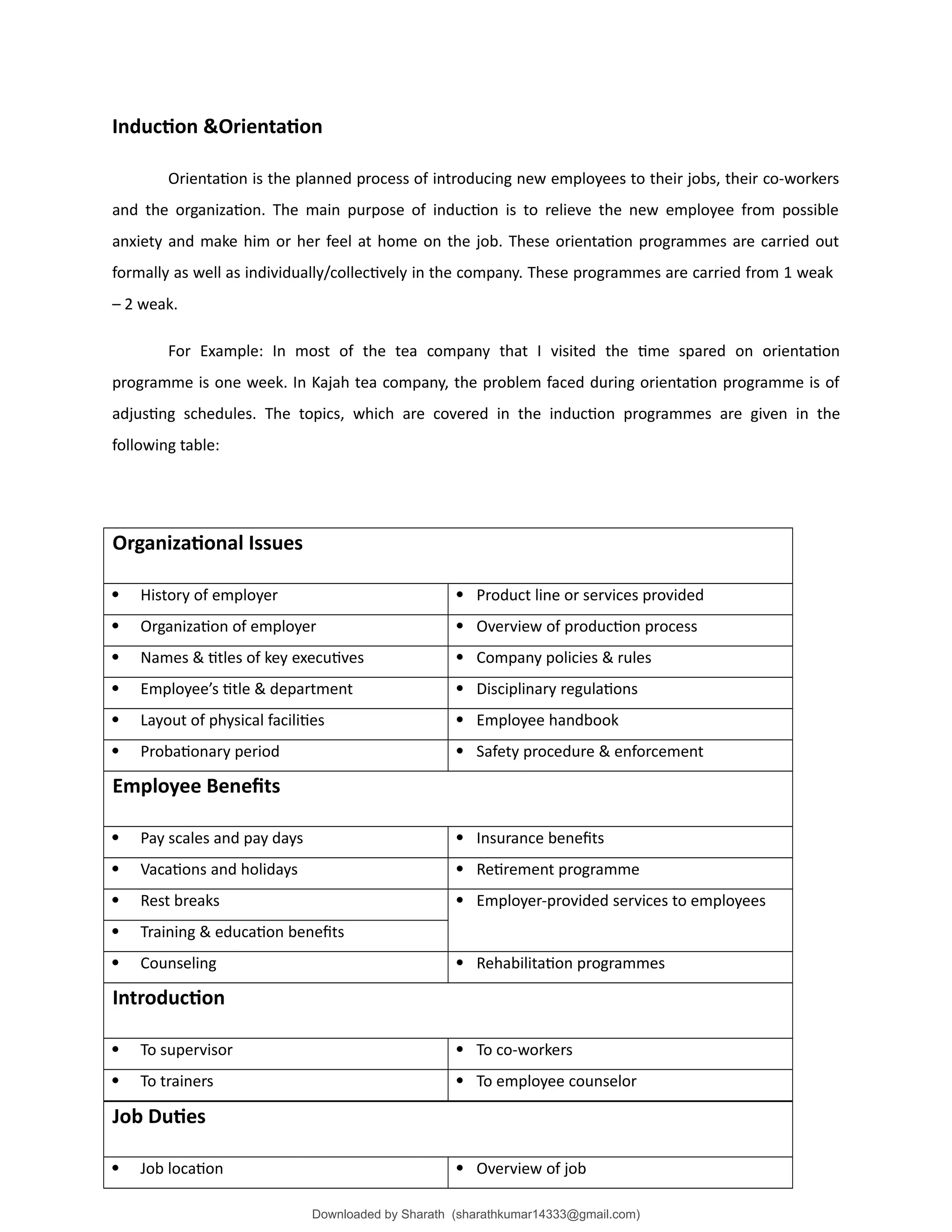 Induction &Orientation
Orientation is the planned process of introducing new employees to their jobs, their co-workers
and the organization. The main purpose of induction is to relieve the new employee from possible
anxiety and make him or her feel at home on the job. These orientation programmes are carried out
formally as well as individually/collectively in the company. These programmes are carried from 1 weak
– 2 weak.
For Example: In most of the tea company that I visited the time spared on orientation
programme is one week. In Kajah tea company, the problem faced during orientation programme is of
adjusting schedules. The topics, which are covered in the induction programmes are given in the
following table:
Organizational Issues
 History of employer  Product line or services provided
 Organization of employer  Overview of production process
 Names & titles of key executives  Company policies & rules
 Employee’s title & department  Disciplinary regulations
 Layout of physical facilities  Employee handbook
 Probationary period  Safety procedure & enforcement
Employee Benefits
 Pay scales and pay days  Insurance benefits
 Vacations and holidays  Retirement programme
 Rest breaks  Employer-provided services to employees
 Training & education benefits
 Counseling  Rehabilitation programmes
Introduction
 To supervisor  To co-workers
 To trainers  To employee counselor
Job Duties
 Job location  Overview of job
Downloaded by Sharath (sharathkumar14333@gmail.com)
lOMoARcPSD|39157671
 