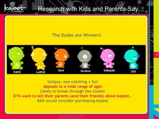 Research with Kids and Parents Say…



                    The Dudes are Winners!



                                                                   16




                   Unique, eye-catching + fun
                Appeals to a wide range of ages
              Likely to break through the clutter
81% want to tell their parents (and their friends) about kajeet…
            86% would consider purchasing kajeet
 