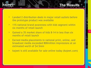 The Results


   Landed 2 distribution deals in major retail outlets before
    the prototype product was available
   11% national brand awareness with kids segment within
    six months of retail launch
                                                                   23
   Gained a 3% market share of kids 8-14 in less than six
    months of retail launch
   Earned media placements in national print, online, and
    broadcast media exceeded 800million impressions at an
    estimated worth of $4.5mm
   kajeet is still available for sale online today (kajeet.com)
 
