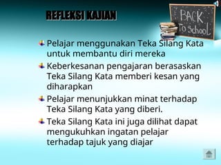 Pelajar menggunakan Teka Silang Kata
untuk membantu diri mereka
Keberkesanan pengajaran berasaskan
Teka Silang Kata memberi kesan yang
diharapkan
Pelajar menunjukkan minat terhadap
Teka Silang Kata yang diberi.
Teka Silang Kata ini juga dilihat dapat
mengukuhkan ingatan pelajar
terhadap tajuk yang diajar
REFLEKSI KAJIAN
REFLEKSI KAJIAN
 