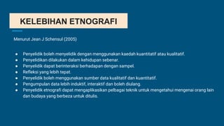 KELEBIHAN ETNOGRAFI
Menurut Jean J Schensul (2005)
● Penyelidik boleh menyelidik dengan menggunakan kaedah kuantitatif atau kualitatif.
● Penyelidikan dilakukan dalam kehidupan sebenar.
● Penyelidik dapat berinteraksi berhadapan dengan sampel.
● Refleksi yang lebih tepat.
● Penyelidik boleh menggunakan sumber data kualitatif dan kuantitatif.
● Pengumpulan data lebih induktif, interaktif dan boleh diulang.
● Penyelidik etnografi dapat mengaplikasikan pelbagai teknik untuk mengetahui mengenai orang lain
dan budaya yang berbeza untuk ditulis.
 