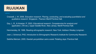 RUJUKAN
Creswell, J. W. 2008. Education research. Planing, conducting, and evaluating quantitative and
qualitative research. Singapore : Pearson Merill Prentice Hall.
Gay, L. R., & Airasian, P. 2003. Educational research. Competencies for analysis and
application. (7th ed.). Upper Saddle River, New Jersey: Merill Prentice Hall.
Hammersley, M. 1998. Reading ethnographic research. New York: Addison Wesley Longman.
Jean J. Schensul, PhD, Introduction to Ethnographic Research,Institute for Community Research.
Sabitha Marican. 2005. Kaedah penyelidikan sains sosial. Petaling Jaya: Prentice Hall.
 
