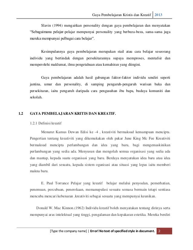 Kajian Gaya Pembelajaran Kreatif Dan Kritis