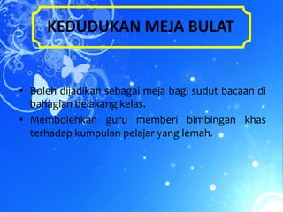 KEDUDUKAN MEJA BULAT


• Boleh dijadikan sebagai meja bagi sudut bacaan di
  bahagian belakang kelas.
• Membolehkan guru memberi bimbingan khas
  terhadap kumpulan pelajar yang lemah.
 