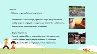 Perlakuan 2 
1. Melakukan pengamata ke sungai yang tercemar 
2. Ambil beberapa sample air sungai yag tercemar dengan menggunakan toples, 
ambil 2 sample air sungai yaitu air sungai banyak tercemar dan sedikit tercemar. 
Pisahkan dengan menggunakan toples yang berbeda. 
3. Siapkan 3 toples bekas 
- Toples 1 : masukan 100ml air bersih kedalam botol 1 (air tidak tercemar) 
- Toples 2 : Masukan 30ml air yang tercemar sedikit ke dalam toples. 
- Toples 3 : Masukan 30ml air yang tercemar banyak kedalam toples. 
 