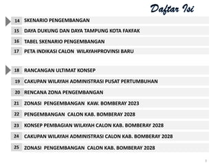 PENGEMBANGAN CALON KAB. BOMBERAY 2028
KONSEP PEMBAGIAN WILAYAH CALON KAB. BOMBERAY 2028
CAKUPAN WILAYAH ADMINISTRASI CALON KAB. BOMBERAY 2028
ZONASI PENGEMBANGAN CALON KAB. BOMBERAY 2028
SKENARIO PENGEMBANGAN
DAYA DUKUNG DAN DAYA TAMPUNG KOTA FAKFAK
TABEL SKENARIO PENGEMBANGAN
PETA INDIKASI CALON WILAYAHPROVINSI BARU
RANCANGAN ULTIMAT KONSEP
CAKUPAN WILAYAH ADMINISTRASI PUSAT PERTUMBUHAN
RENCANA ZONA PENGEMBANGAN
ZONASI PENGEMBANGAN KAW. BOMBERAY 2023
3
14
15
16
17
18
19
20
21
22
23
24
25
 