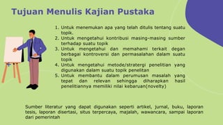 Tujuan Menulis Kajian Pustaka
1. Untuk menemukan apa yang telah ditulis tentang suatu
topik.
2. Untuk mengetahui kontribusi masing-masing sumber
terhadap suatu topik
3. Untuk mengetahui dan memahami terkait degan
berbagai kontroversi dan permasalahan dalam suatu
topik
4. Untuk mengetahui metode/stratergi penelitian yang
digunakan dalam suatu topik penelitan
5. Untuk membantu dalam perumusan masalah yang
tepat dan relevan sehingga diharapkan hasil
penelitiannya memiliki nilai kebaruan(novelty)
Sumber literatur yang dapat digunakan seperti artikel, jurnal, buku, laporan
tesis, laporan disertasi, situs terpercaya, majalah, wawancara, sampai laporan
dari pemerintah
 