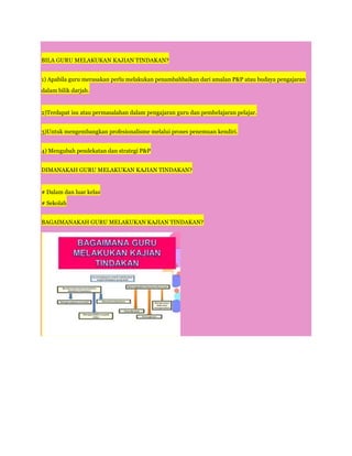 BILA GURU MELAKUKAN KAJIAN TINDAKAN?


1) Apabila guru merasakan perlu melakukan penambahbaikan dari amalan P&P atau budaya pengajaran
dalam bilik darjah.


2)Terdapat isu atau permasalahan dalam pengajaran guru dan pembelajaran pelajar.


3)Untuk mengembangkan profesionalisme melalui proses penemuan kendiri.


4) Mengubah pendekatan dan strategi P&P


DIMANAKAH GURU MELAKUKAN KAJIAN TINDAKAN?


# Dalam dan luar kelas
# Sekolah


BAGAIMANAKAH GURU MELAKUKAN KAJIAN TINDAKAN?
 