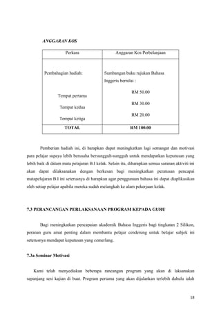 ANGGARAN KOS

                     Perkara                      Anggaran Kos Perbelanjaan



         Pembahagian hadiah:               Sumbangan buku rujukan Bahasa
                                           Inggeris bernilai :

                                                           RM 50.00
                 Tempat pertama
                                                           RM 30.00
                  Tempat kedua
                                                           RM 20.00
                  Tempat ketiga

                     TOTAL                                RM 100.00



       Pemberian hadiah ini, di harapkan dapat meningkatkan lagi semangat dan motivasi
para pelajar supaya lebih berusaha bersungguh-sungguh untuk mendapatkan keputusan yang
lebih baik di dalam mata pelajaran B.I kelak. Selain itu, diharapkan semua saranan aktiviti ini
akan dapat dilaksanakan dengan berkesan bagi meningkatkan peratusan pencapai
matapelajaran B.I ini seterusnya di harapkan agar penggunaan bahasa ini dapat diaplikasikan
oleh setiap pelajar apabila mereka sudah melangkah ke alam pekerjaan kelak.




7.3 PERANCANGAN PERLAKSANAAN PROGRAM KEPADA GURU


       Bagi meningkatkan pencapaian akademik Bahasa Inggeris bagi tingkatan 2 Silikon,
peranan guru amat penting dalam membantu pelajar cenderung untuk belajar subjek ini
seterusnya mendapat keputusan yang cemerlang.


7.3a Seminar Motivasi


   Kami telah menyediakan beberapa rancangan program yang akan di laksanakan
sepanjang sesi kajian di buat. Program pertama yang akan dijalankan terlebih dahulu ialah



                                                                                            18
 