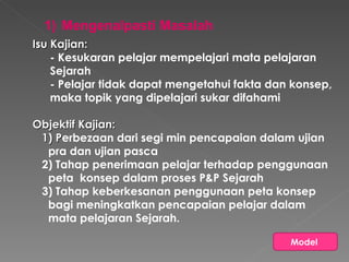 Isu Kajian:  - Kesukaran pelajar mempelajari mata pelajaran Sejarah - Pelajar tidak dapat mengetahui fakta dan konsep, maka topik yang dipelajari sukar difahami Objektif Kajian: 1) P erbezaan dari segi min pencapaian dalam ujian pra dan ujian pasca 2) Tahap penerimaan pelajar terhadap penggunaan peta  konsep dalam proses P&P Sejarah 3) Tahap keberkesanan penggunaan peta konsep  bagi meningkatkan pencapaian pelajar dalam  mata pelajaran Sejarah.  Mengenalpasti Masalah Model  