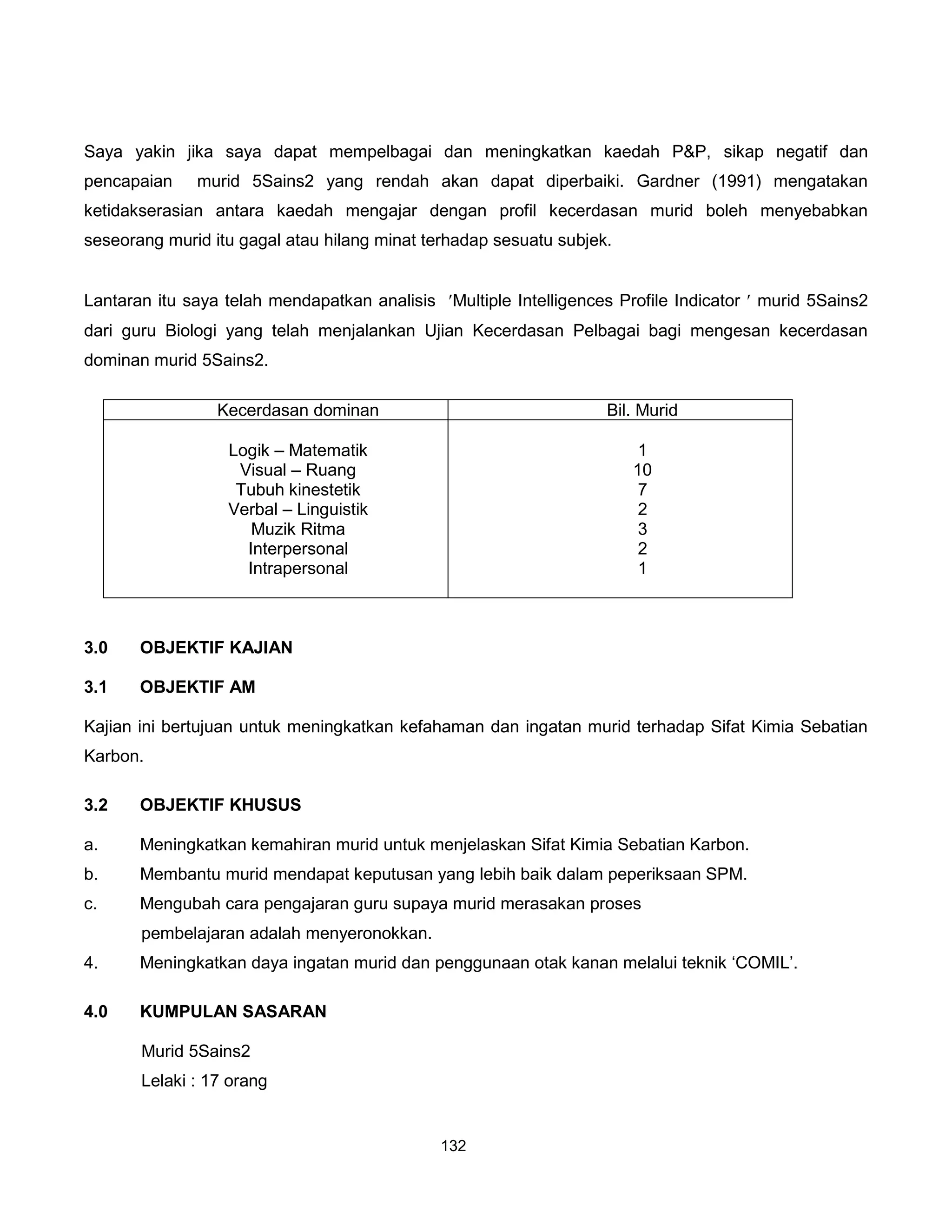 Saya yakin jika saya dapat mempelbagai dan meningkatkan kaedah P&P, sikap negatif dan
pencapaian    murid 5Sains2 yang rendah akan dapat diperbaiki. Gardner (1991) mengatakan
ketidakserasian antara kaedah mengajar dengan profil kecerdasan murid boleh menyebabkan
seseorang murid itu gagal atau hilang minat terhadap sesuatu subjek.


Lantaran itu saya telah mendapatkan analisis ′Multiple Intelligences Profile Indicator ′ murid 5Sains2
dari guru Biologi yang telah menjalankan Ujian Kecerdasan Pelbagai bagi mengesan kecerdasan
dominan murid 5Sains2.

                 Kecerdasan dominan                                 Bil. Murid

                  Logik – Matematik                                     1
                   Visual – Ruang                                      10
                   Tubuh kinestetik                                     7
                  Verbal – Linguistik                                   2
                     Muzik Ritma                                        3
                    Interpersonal                                       2
                    Intrapersonal                                       1



3.0    OBJEKTIF KAJIAN

3.1    OBJEKTIF AM

Kajian ini bertujuan untuk meningkatkan kefahaman dan ingatan murid terhadap Sifat Kimia Sebatian
Karbon.

3.2    OBJEKTIF KHUSUS

a.     Meningkatkan kemahiran murid untuk menjelaskan Sifat Kimia Sebatian Karbon.
b.     Membantu murid mendapat keputusan yang lebih baik dalam peperiksaan SPM.
c.     Mengubah cara pengajaran guru supaya murid merasakan proses
       pembelajaran adalah menyeronokkan.
4.     Meningkatkan daya ingatan murid dan penggunaan otak kanan melalui teknik ‘COMIL’.

4.0    KUMPULAN SASARAN

       Murid 5Sains2
       Lelaki : 17 orang


                                              132
 