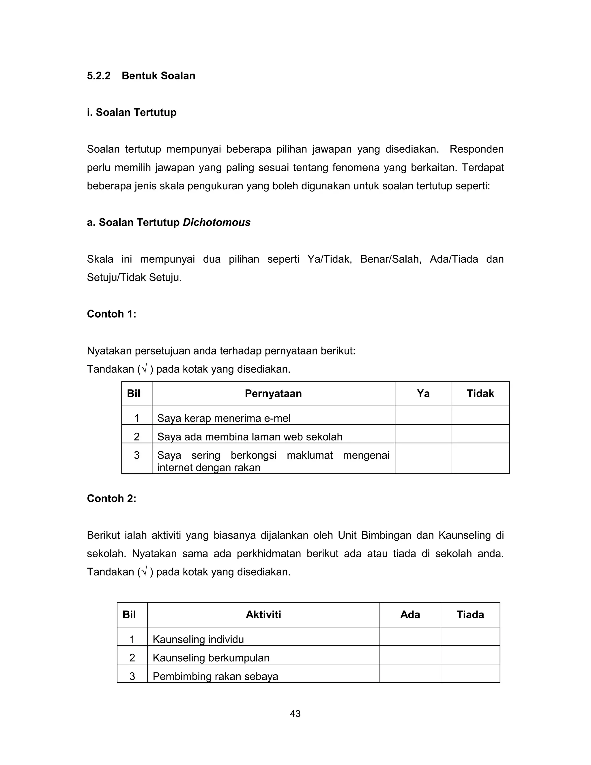5.2.2   Bentuk Soalan


i. Soalan Tertutup


Soalan tertutup mempunyai beberapa pilihan jawapan yang disediakan. Responden
perlu memilih jawapan yang paling sesuai tentang fenomena yang berkaitan. Terdapat
beberapa jenis skala pengukuran yang boleh digunakan untuk soalan tertutup seperti:


a. Soalan Tertutup Dichotomous


Skala ini mempunyai dua pilihan seperti Ya/Tidak, Benar/Salah, Ada/Tiada dan
Setuju/Tidak Setuju.


Contoh 1:


Nyatakan persetujuan anda terhadap pernyataan berikut:
Tandakan (√ ) pada kotak yang disediakan.

        Bil                         Pernyataan                     Ya         Tidak

          1   Saya kerap menerima e-mel
          2   Saya ada membina laman web sekolah
          3   Saya sering berkongsi maklumat mengenai
              internet dengan rakan

Contoh 2:


Berikut ialah aktiviti yang biasanya dijalankan oleh Unit Bimbingan dan Kaunseling di
sekolah. Nyatakan sama ada perkhidmatan berikut ada atau tiada di sekolah anda.
Tandakan (√ ) pada kotak yang disediakan.



        Bil                         Aktiviti                    Ada         Tiada

         1    Kaunseling individu
         2    Kaunseling berkumpulan
         3    Pembimbing rakan sebaya


                                               43
 