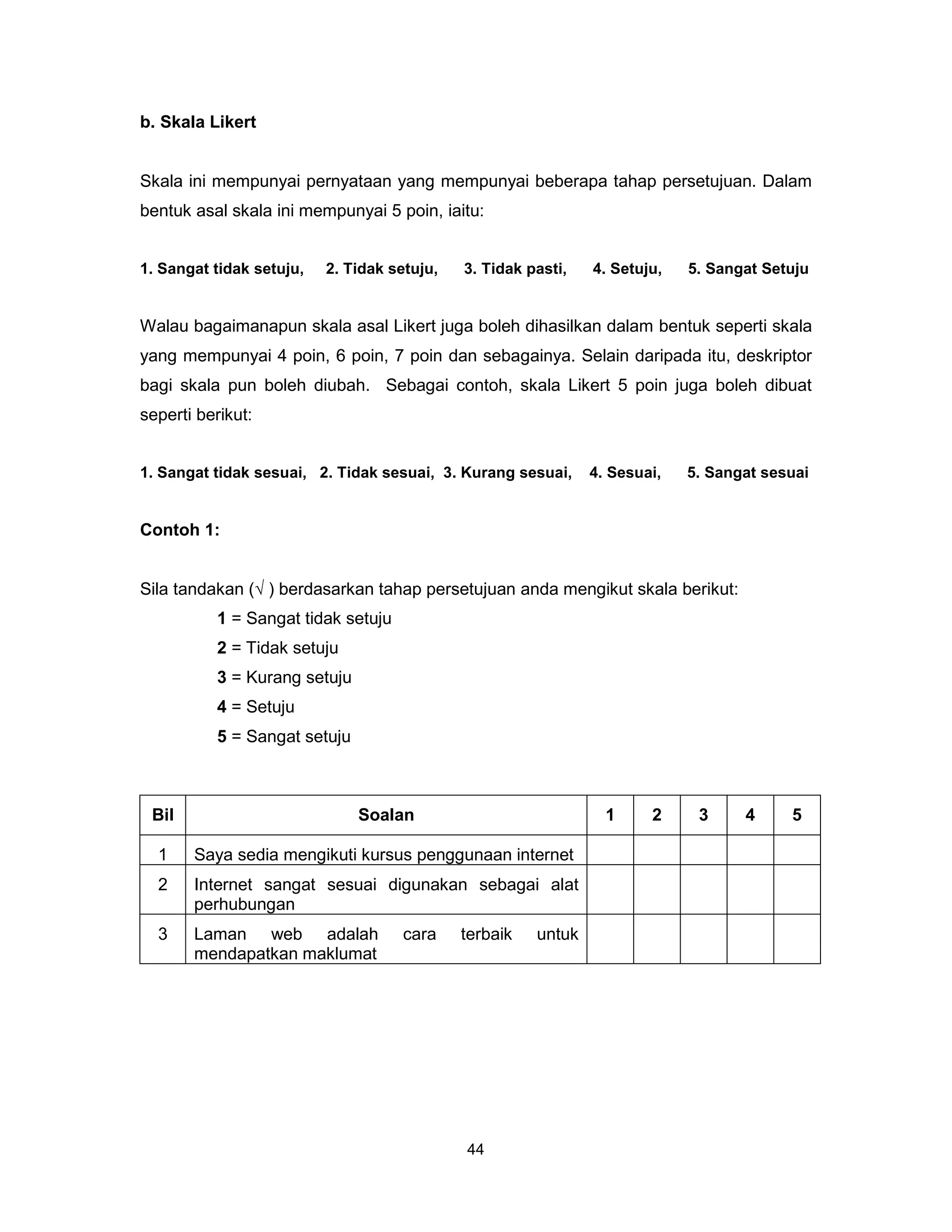 b. Skala Likert


Skala ini mempunyai pernyataan yang mempunyai beberapa tahap persetujuan. Dalam
bentuk asal skala ini mempunyai 5 poin, iaitu:


1. Sangat tidak setuju,   2. Tidak setuju,   3. Tidak pasti,   4. Setuju,   5. Sangat Setuju


Walau bagaimanapun skala asal Likert juga boleh dihasilkan dalam bentuk seperti skala
yang mempunyai 4 poin, 6 poin, 7 poin dan sebagainya. Selain daripada itu, deskriptor
bagi skala pun boleh diubah. Sebagai contoh, skala Likert 5 poin juga boleh dibuat
seperti berikut:


1. Sangat tidak sesuai, 2. Tidak sesuai, 3. Kurang sesuai,     4. Sesuai,   5. Sangat sesuai


Contoh 1:


Sila tandakan (√ ) berdasarkan tahap persetujuan anda mengikut skala berikut:
          1 = Sangat tidak setuju
          2 = Tidak setuju
          3 = Kurang setuju
          4 = Setuju
          5 = Sangat setuju



 Bil                          Soalan                             1     2     3     4     5

  1    Saya sedia mengikuti kursus penggunaan internet
  2    Internet sangat sesuai digunakan sebagai alat
       perhubungan
  3    Laman web adalah             cara     terbaik   untuk
       mendapatkan maklumat




                                             44
 