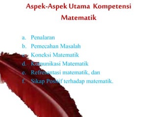 Aspek-Aspek Utama Kompetensi
Matematik
a. Penalaran
b. Pemecahan Masalah
c. Koneksi Matematik
d. Komunikasi Matematik
e. Refresentasi matematik, dan
f. Sikap Positif terhadap matematik.
 