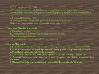 c. Skemp (Sumarmo, 1987)
1) Pemahaman Instrumental: hafal konsep/prinsip tanpa kaitan dengan yang lainnya.
2) Pemahaman Relasional: mengaitkan suatu konsep/prinsip dengan konsep/prinsip lainnya.
d. Copeland (Sumarmo, 1987)
1) Knowing how to: mengerjakan perhitungan secara rutin/algoritmatik.
2) Knowing: mengerjakan suatu perhitungan secara sadar.
2. Pemecahan Masalah Matematik
a. Memahami masalah
b. Merencanakan atau merancang strategi pemecahan masalah
c. Melaksanakan perhitungan
d. Memeriksa kembali kebenaran hasil atau solusi
3. Koneksi Matematik
a. Memahami representasi ekuivalen suatu konsep, proses, atau prosedur matematik
b. Mencari hubungan berbagai representasi konsep, proses atau prosedur matematik
c. Memahami hubungan antar topik matematik
d. Menerapkan matematika dalam bidang lain atau dalam kehidupan sehari-hari
e. Mencari hubungan satu prosedur dengan prosedur lain dalam reprentasi yang
ekuivalen
f. Menerapkan hubungan anatar topik matematika dengan disiplin ilmu lain.
 