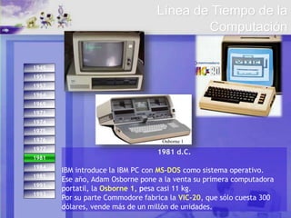 1993
1974
1971
1975
1984
1976
1977
1981
1985
1991
1949
1951
1957
1964
1969
1981
1981 d.C.
IBM introduce la IBM PC con MS-DOS como sistema operativo.
Ese año, Adam Osborne pone a la venta su primera computadora
portatil, la Osborne 1, pesa casi 11 kg.
Por su parte Commodore fabrica la VIC-20, que sólo cuesta 300
dólares, vende más de un millón de unidades.
Línea de Tiempo de la
Computación
Osborne 1
 