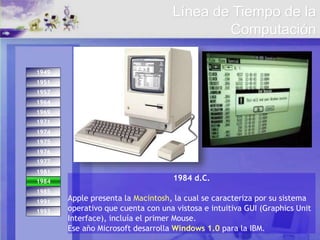 1993
1974
1971
1975
1984
1976
1977
1981
1985
1991
1949
1951
1957
1964
1969
1984 1984 d.C.
Apple presenta la Macintosh, la cual se caracteriza por su sistema
operativo que cuenta con una vistosa e intuitiva GUI (Graphics Unit
Interface), incluía el primer Mouse.
Ese año Microsoft desarrolla Windows 1.0 para la IBM.
Línea de Tiempo de la
Computación
 
